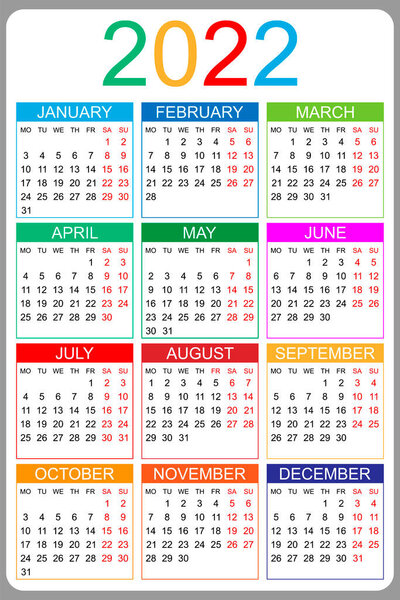 Calendar 2022 yearly. Week starts on Monday. Vector illustration.