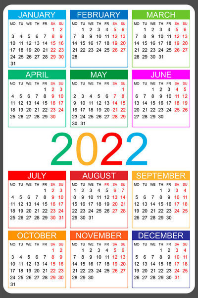Calendar 2022 yearly. Week starts on Monday. Vector illustration.