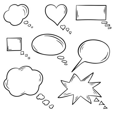  Konuşma baloncukları. El çizimi vektör çizimi, beyaz arkaplanda izole.