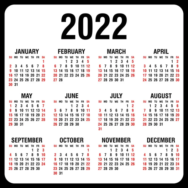 Kalender 2022 Jaarlijks Week Begint Zondag Vectorillustratie — Stockvector
