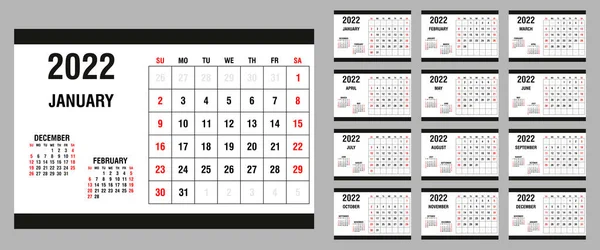 Kalender 2022 Jaarlijks Week Begint Zondag Vectorillustratie — Stockvector