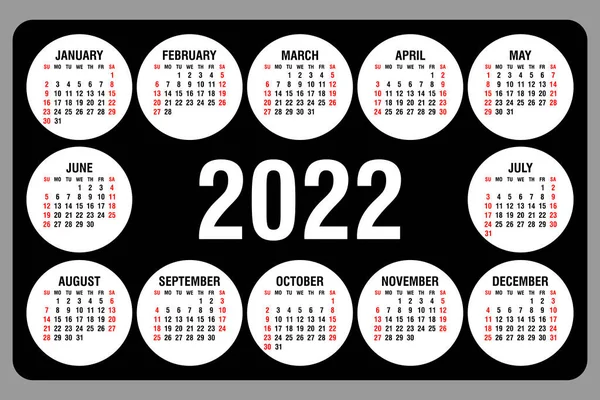 Kalender 2022 Jährlich Die Woche Beginnt Sonntag Vektorillustration — Stockvektor