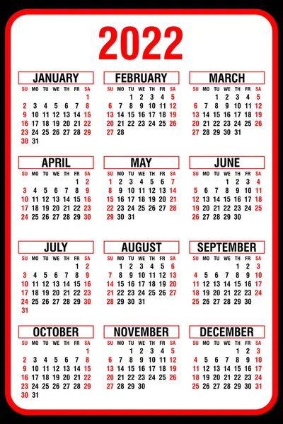 Calendario 2022 Anual Semana Comienza Domingo Ilustración Vectorial Gráficos vectoriales