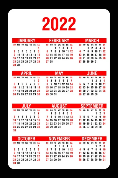 Calendario 2022 Anual Semana Comienza Domingo Ilustración Vectorial Ilustraciones de stock libres de derechos