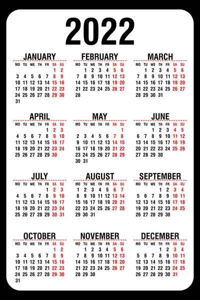 Calendario 2022 Anual Semana Comienza Lunes Ilustración Vectorial Ilustración de stock