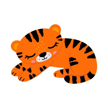 Tatlı uyuyan kaplan. Beyaz arkaplanda izole edilmiş vektör çizimi. İskandinav tarzı düz tasarım. Çocuk yazdırma kavramı.