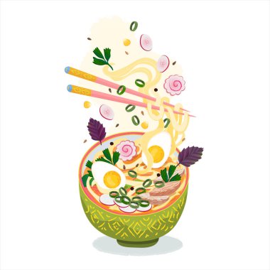 Makarna çorbası ve uçan malzemeler. Japon miso ramen, yumurta, erişte, domuz eti, kaka boko, mısır ve turp. Uçan yemek malzemeleri ve yemek çubukları. Japonya, geleneksel Kore çorbası.