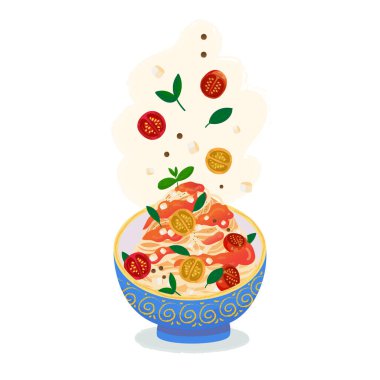 Beyaz üzerine izole edilmiş makarna ya da spagetti tabağı. Fetuçin makarna domates dolgulu ve peynirli soslar Akdeniz tarzında bir halk tabakasında. Uçan yiyecek elementleri. Vektör illüstrasyonu.