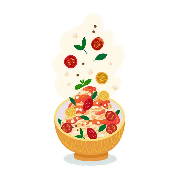 トマトソースと空飛ぶトッピングとプレート上のパスタ チーズ バジル トマトとイタリアのスパゲティ料理 白い背景のベクトルフードイラスト — ストックベクタ
