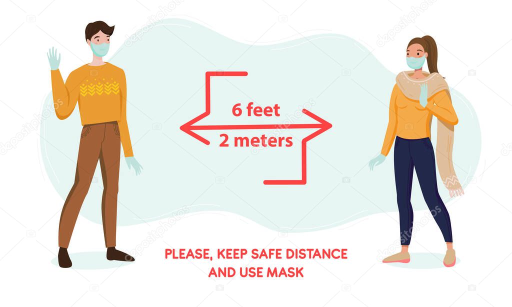 Social Distancing Coronavirus COVID-19 poster with basic info graphic for public places with prevention measures. Vector illustration banner with two people with face masks, gloves and distance space