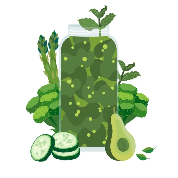 Зеленый Коктейль Спаржей Авокадо Огурцом Брокколи Здоровый Зеленый Напиток Хорошо — стоковый вектор