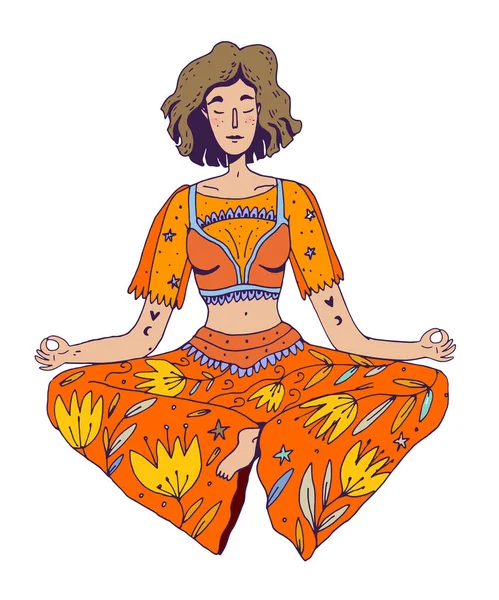 Mulher Sentada Ioga Posar Lótus Meditar Doodle Ilustração Vetorial Com —  Vetores de Stock