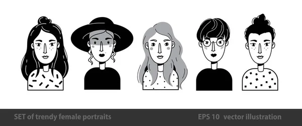 Conjunto Retratos Feamle Los Personajes Moda Moda Estilo Doodle Contorno — Vector de stock