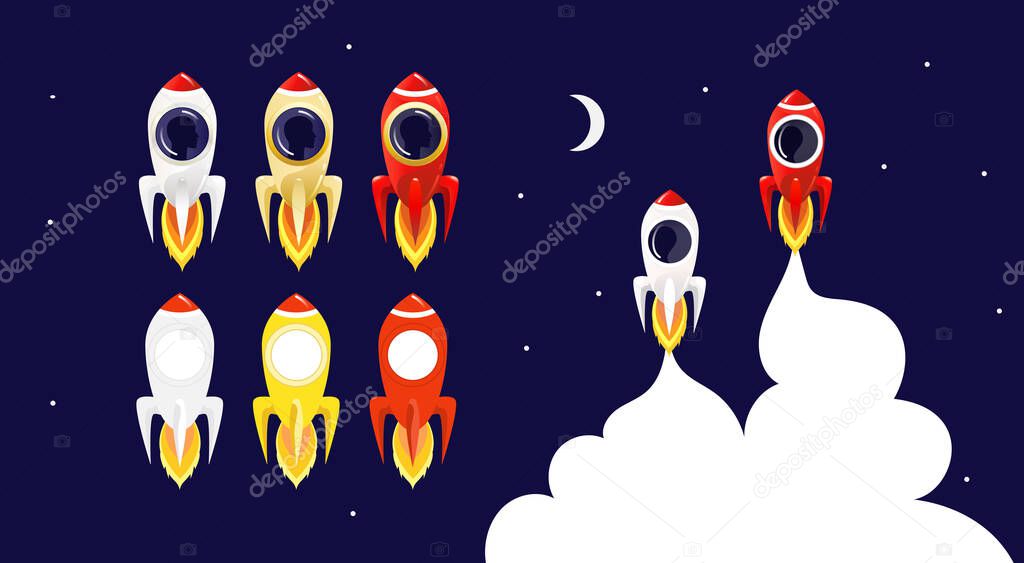 Rocket avatar template. Rockets with window porthole for face portrait. Suitable for team building, games, interaction, infographic, and score tracking. Vector illustration of flying rockets in cosmos