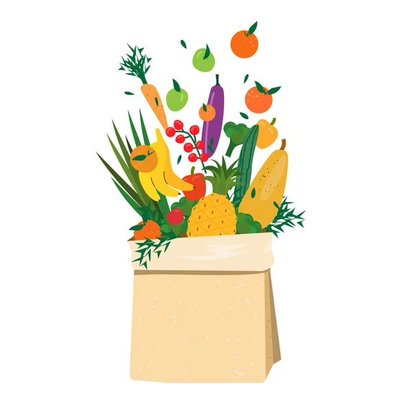 Летающие Фрукты Овощи Бумажном Пакете Эко Концепция Здорового Питания Продуктовый — стоковый вектор