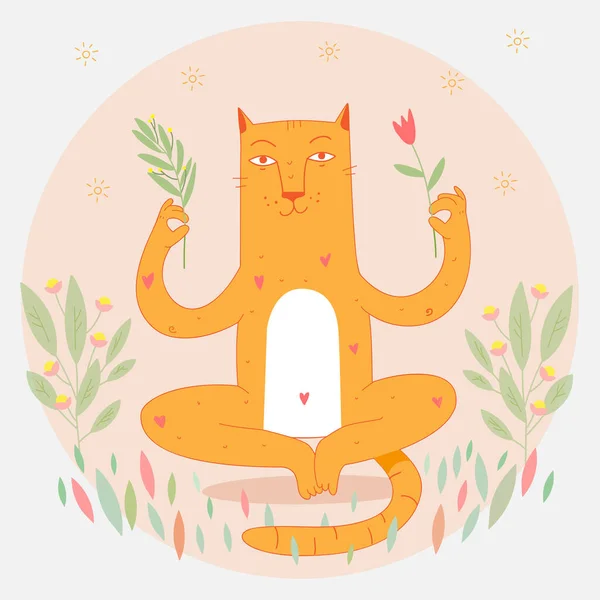 ヨガのハスの位置と瞑想に座って調和してリラックスした猫 花と禅のバランスで猫 ベクトル漫画のキャラクター 自己管理だ 猫は園の中で悟りを開き — ストックベクタ