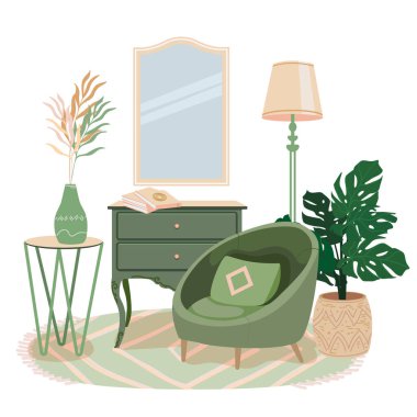 Modern yeşil koltuklu rahat bir oda. Dinlenmek ve dinlenmek için Hygge. Sandalye, modern masa, tuvalet, ayna, lamba düz çizgi film tarzında canavar bitkisi. Vektör konforlu mobilya ögeleri