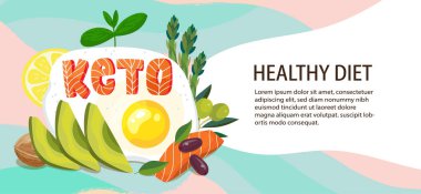 Keto Diyet afiş şablonu. Ketogenik sağlıklı yağlı yiyecekler. Yağda yumurta, avokado, somon, zeytin, limon, kuşkonmaz. Keto planlama, web sayfası, iniş, broşür. Düşük karbonhidrat keto diyeti