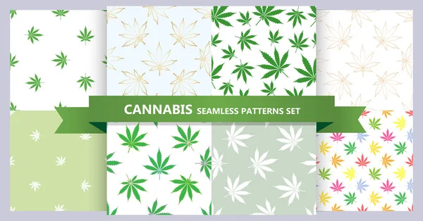 Conjunto Padrão Sem Costura Cannabis Pacote Marijuana Deixa Padrões Folha —  Vetores de Stock