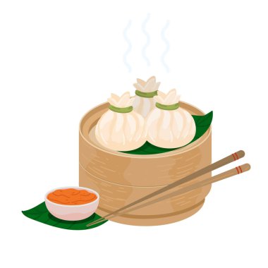 Xiaolongbao. Çorba köftesi. Çin usulü çörek baozi. Buharda pişirilmiş Xiaolong bao geleneksel buhar sepetinde servis edilir. Xiaolong momo mantou gibi bir şey. Vektör simgesi illüstrasyonu beyaza izole edildi