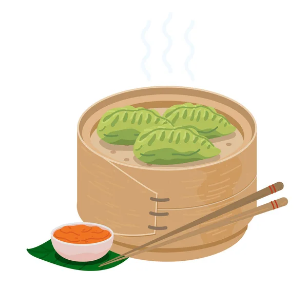 Green Momo Dumplings Wooden Steamer Basket Vegetable Spinach Steam Momos — Wektor stockowy