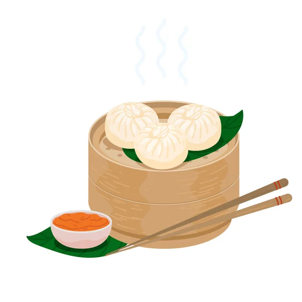 Baozi Steamed Chinese Buns Momo Dumplings Bamboo Wooden Steamer Basket — Wektor stockowy