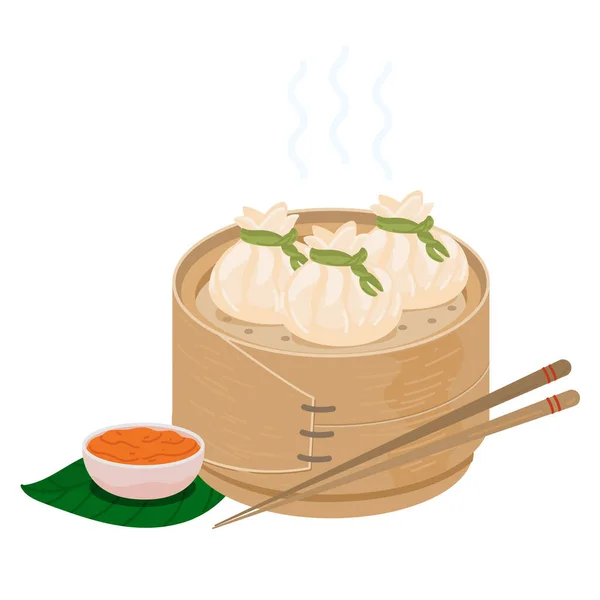 Dimsum Chinese Dumplings Bamboo Steamer Basket Vector Icon Isolated White — Wektor stockowy