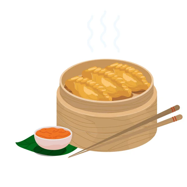 Fried Momo Dumplings Wooden Steamer Basket Vector Illustration Steam Fried — Wektor stockowy