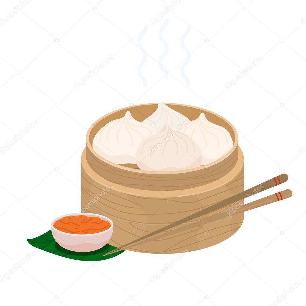 Baozi Mantou Momo Khinkali. Asian traditional food dumplings in bamboo steamer. Vector icon with chinese food steamed dumplings or buns. Khinkali