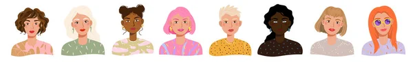 Портрети Красивих Різних Жінок Різними Волоссям Шкірою Одягом Обличчям Векторні — стоковий вектор