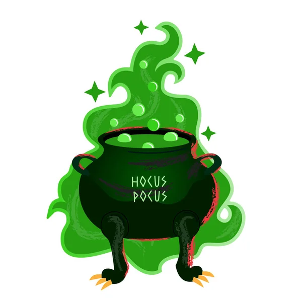 Kocioł Magicznym Zielonym Eliksirem Kocioł Halloween Kreskówkowym Stylu Duża Magiczna — Wektor stockowy