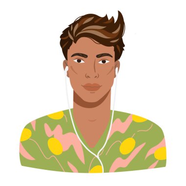 Kulaklık takan yakışıklı bir Latin 'in portresi. Yarı esmer tenli, modern kıyafetli bir metis adamı Avatar 'ı. Çizgi film tarzında erkek vektör portresi beyaz üzerine izole edildi