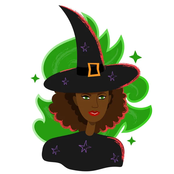 帽子の黒の女性魔女の肖像画 ハロウィンは漫画のフラットスタイルで女性のアバターを魔女 白に隔離された魔法の黒い肌のキャラクターの肖像画 — ストックベクタ