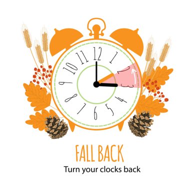 Grafik alarm konseptini geri al ve saati bir saat geri al. Günışığı Tasarruf Zamanı 'nın sonu. Sonbahar yaprakları ile vektör illüstrasyonu modern düz tarzda beyaz üzerinde izole