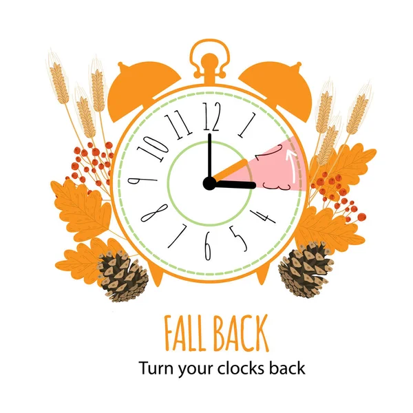 グラフィックアラームとバックコンセプトを秋とバック1時間時計を設定するスケジュール 昼間の時間を節約の終わり 白に隔離されたモダンなフラットスタイルで紅葉とベクトルイラスト — ストックベクタ