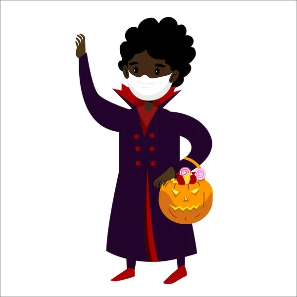 Menino Traje Vampiro Halloween Usar Máscara Protetora Ilustração Proteção Coronavírus —  Vetores de Stock