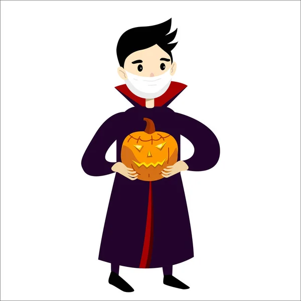 Menino Traje Vampiro Halloween Usar Máscara Protetora Ilustração Proteção Coronavírus —  Vetores de Stock