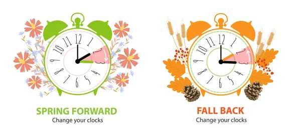 昼光時間の概念を保存します 秋に戻る時間と春の前に目覚まし時計のセット 秋と春の装飾と夏と冬の時間に変わる時計 フラットベクトル漫画イラスト — ストックベクタ