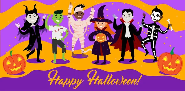 Happy Halloween Wenskaart Met Diverse Leuke Grappige Personages Kostuums Kinderen — Stockvector