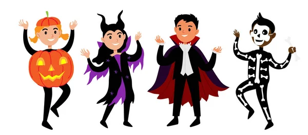 Miúdos Disfarçados Halloween Diversos Personagens Bonitos Halloween Trajes Carnaval Vampiro — Vetor de Stock