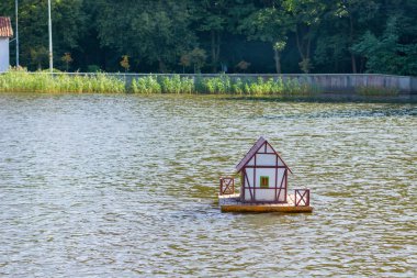 Sudaki ördek için ahşap ev. Şehir gölündeki vahşi kuşlar için yapay konutlar. Seçici odak.
