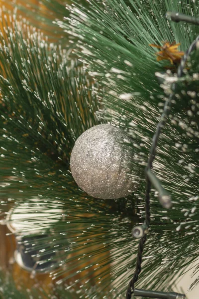 Silver Ball Branch Christmas Tree Snow Selective Focus Blurred Background — Stock Photo, Image