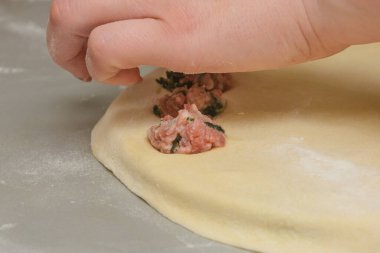 Ev yapımı hamur tatlısı. İnce hamurlu ıspanaklı kıyma. Yakın çekim, seçici odaklanma.