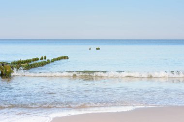 Gün batımında Baltık Denizi. Eski ahşap yığınları sudaki suları kırıyor. Güzel deniz manzarası, rahatlama ve sükunet. Seçici odak.