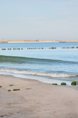 Gün batımında deniz sahilinde. Yumuşak kum ve beyaz köpüklü el salla. Sakinlik ve rahatlama. Seçici odak.