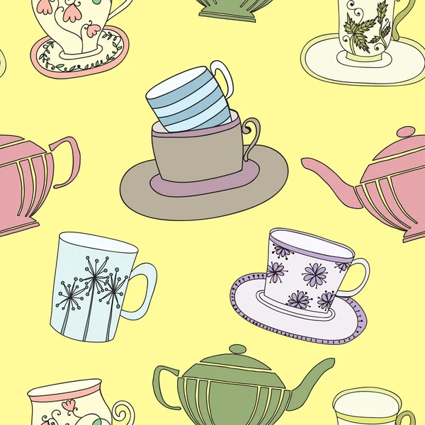 Nahtloses Muster mit Teekannen und Tassen — Stockvektor