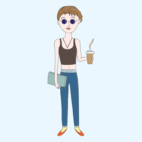 Gadis hipster dengan kopi - Stok Vektor