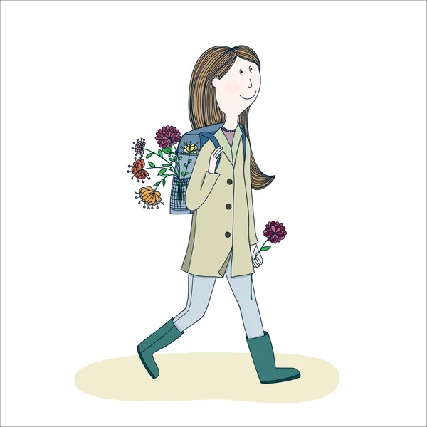 Ilustrasi dengan gadis cantik dengan bunga - Stok Vektor