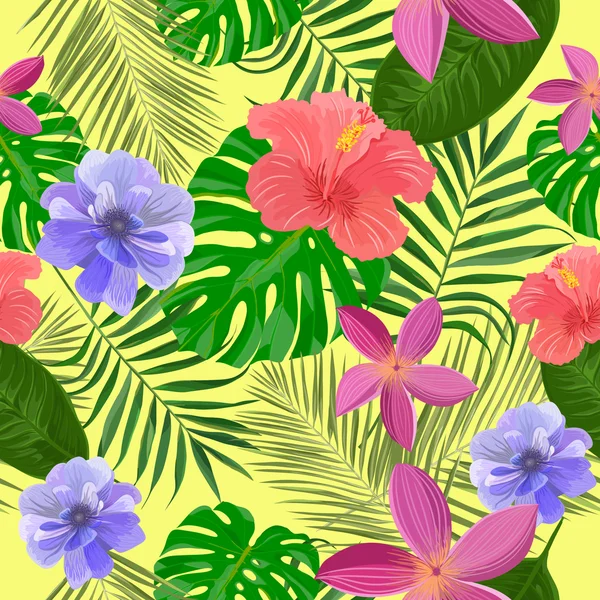 Patroon met exotische bloemen en bladeren — Stockvector