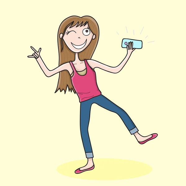 Illustratie met schattig meisje doet selfie — Stockvector